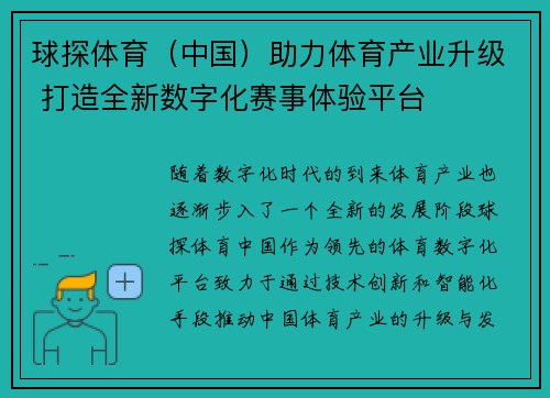 球探体育（中国）助力体育产业升级 打造全新数字化赛事体验平台